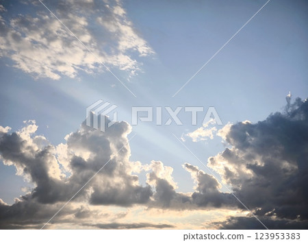 The background of the sunset sky landscape is the natural color of the evening cloudy landscape with the light of the setting sun penetrating through 123953383
