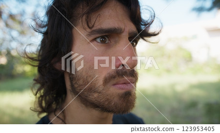 Long Hair Man Angry Internally Outdoors In Nature Long Hair Man Angry Internally Outdoors In Nature 123953405