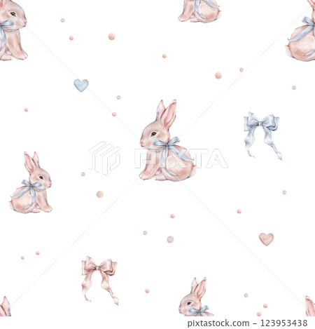 Watercolor seamless pattern with cute white rose bunny with blue bow and polka dots. Repeat pattern pastel color with rabbit. Tender watercolor hand drawn illustration for holiday or kids design. Watercolor seamless pattern with cute white rose bunny with blue bow and polka dots. Repeat pattern pastel color with rabbit. Tender watercolor hand drawn illustration for holiday or kids design. 123953438