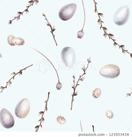 Watercolor Easter seamless pattern on a white background with eggs, linden branches and willow. Easter holiday illustration hand drawn on isolated background for greeting cards, invitations, posters. Watercolor Easter seamless pattern on a white background with eggs, linden branches and willow. Easter holiday illustration hand drawn on isolated background for greeting cards, invitations, posters. 123953439