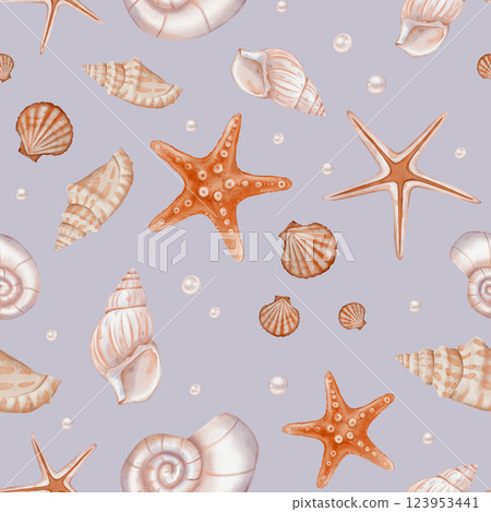 Seashell and Pearls Pattern on isolated background. Hand drawn vintage watercolor seamless ornament with Sea Shells and stars for wrapping paper or textile in nautical style. 123953441