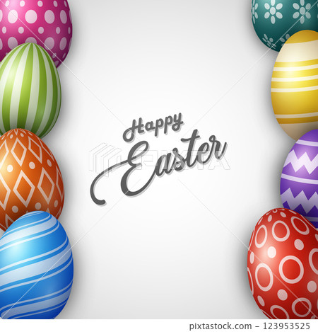 Happy Easter greeting card with decorated eggs on white background 123953525