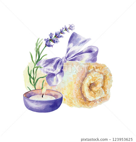 Lavender sprig, candle, rolled towel, watercolor. Hand drawn vector illustration. For design of labels, cards, invitations, SPA salon banners, posters. 123953625