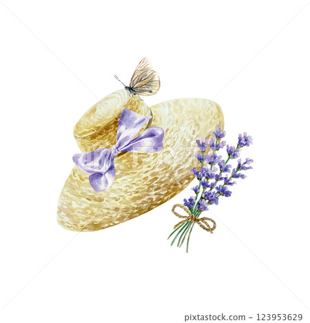 Straw hat, lavender bouquet, butterfly, watercolor. Hand drawn vector illustration. For design of greeting cards, labels, invitations, posters, banners. 123953629