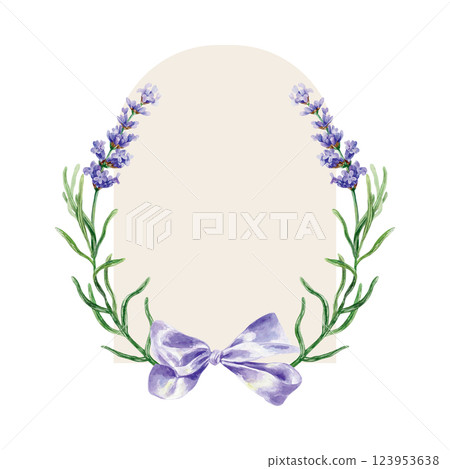 Lavender sprig, purple bow, watercolor. Template for text. Hand drawn vector illustration. For design of labels, postcards, invitations, SPA salon banners, posters. 123953638