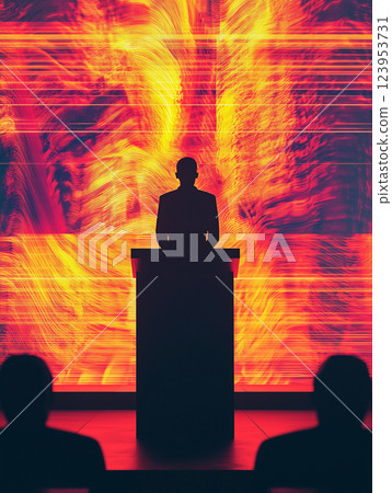 Silhouette of a speaker at a podium against a vibrant abstract backdrop during a conference event Silhouette of a speaker at a podium against a vibrant abstract backdrop during a conference event 123953731