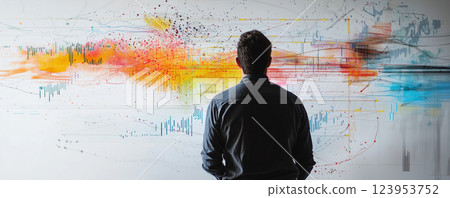 Professional at whiteboard analyzing colorful data visualizations during a brainstorming session in a modern office environment 123953752