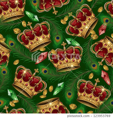 Seamless pattern with big imperial golden crown, peacock feathers, gemstone crystals, scattered coins on dark green background. Luxury kitsch design. Detailed composition in vintage style Seamless pattern with big imperial golden crown, peacock feathers, gemstone crystals, scattered coins on dark green background. Luxury kitsch design. Detailed composition in vintage style 123953769