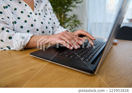 Freelancer Working Remotely on Laptop in Cozy Home Environment Freelancer Working Remotely on Laptop in Cozy Home Environment 123953826