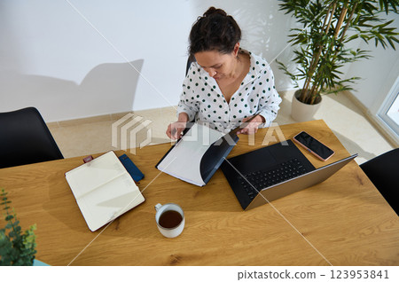 Young Woman Working Remotely on a Project at Home Office Desk 123953841