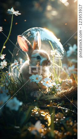 Cute rabbit sitting among flowers inside a bubble during a sunny afternoon in a serene garden. 123953917