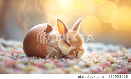 Cute bunny resting peacefully in a cracked egg surrounded by colorful flowers during golden hour. Cute bunny resting peacefully in a cracked egg surrounded by colorful flowers during golden hour. 123953918