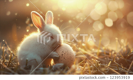 Cute white bunny cuddles a speckled egg in a sunlit meadow during springtime. Cute white bunny cuddles a speckled egg in a sunlit meadow during springtime. 123953919
