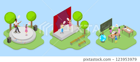 3D Isometric Flat Vector Illustration of Summer Vacation Camps, Hobbies and Performance 123953979