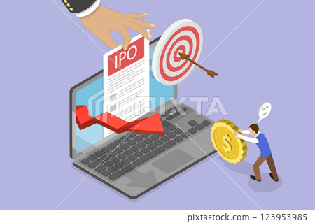 3D Isometric Flat Vector Illustration of Initial Public Offering, IPO, Launch and Strategy of Public Stock 123953985