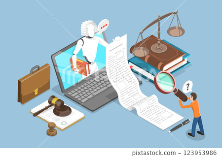 3D Isometric Flat Vector Illustration of AI-Driven Legal Services, Law and Crime Research with Rech Research 123953986