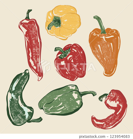 Vector vegetable doodle set of bell pepper and chili. Hand-drawn garden harvest. Organic farm graphics. Tasty food for design, veggie market drawing print, fabric or background. Vector vegetable doodle set of bell pepper and chili. Hand-drawn garden harvest. Organic farm graphics. Tasty food for design, veggie market drawing print, fabric or background. 123954083