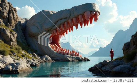 Entrance to a fantastic stone cave in the form of a dinosaur with teeth surrounded by a landscape 123954131