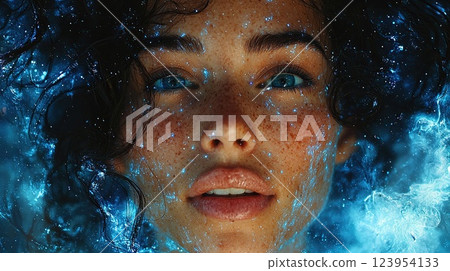 Portrait of a young woman submerged in water with vibrant blue tones, showcasing natural beauty and captivating expression 123954133