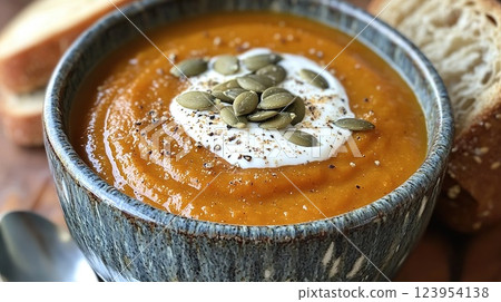 Simple and delicious homemade pumpkin soup topped with seeds and served with fresh bread 123954138