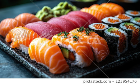 Fresh sushi assortment featuring salmon, tuna, and various rolls served with wasabi and soy sauce 123954176