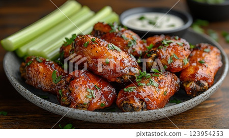 Deliciously sauced chicken wings served with fresh celery and ranch dip at a casual dining setting 123954253