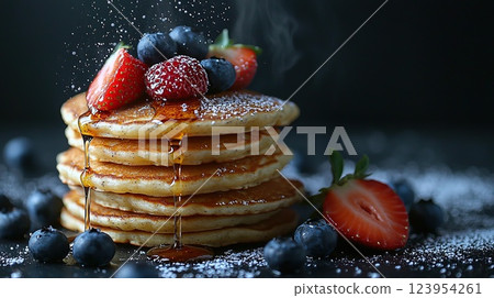 Stack of fluffy pancakes topped with fresh berries and syrup on a dark background 123954261