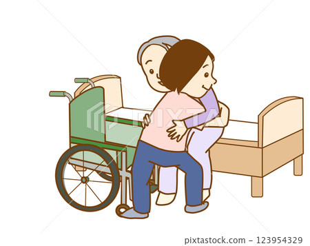 護理人員協助老人移至輪椅 護理人員協助老人移至輪椅 123954329