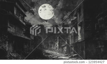 破敗的廢墟城市和滿月的單色插圖 123954427