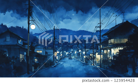 水彩風格夜晚的安靜住宅區 123954428