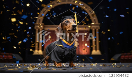 A dachshund in a graduation cap and gown stands proudly on stage with confetti falling - dog in cap and gown 123954482