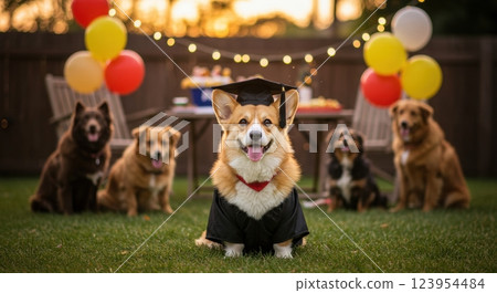 Corgi in graduation cap celebrates with friends at a festive outdoor party - dog in cap and gown Corgi in graduation cap celebrates with friends at a festive outdoor party - dog in cap and gown 123954484