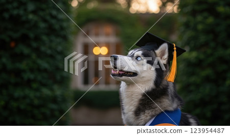Proud husky wearing a graduation cap and gown, celebrating achievement outdoors - dog in cap and gown 123954487