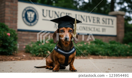 A proud dachshund wearing a graduation cap and gown poses at a university campus - dog in cap and gown 123954491