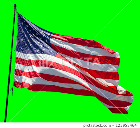 American Flag Waving In The Wind on a Flag Pole Over a Green Screen. 123955464