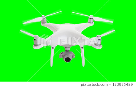 Isolated Unmanned Aircraft System (UAV) Quadcopter Drone In The Air Over A Green Screen. 123955489