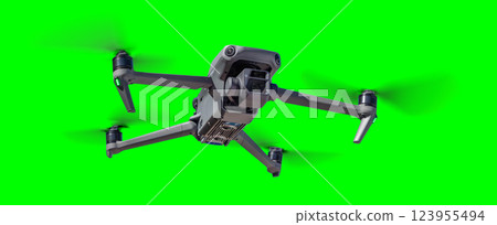Isolated Unmanned Aircraft System (UAV) Quadcopter Drone In The Air Over A Green Screen. Isolated Unmanned Aircraft System (UAV) Quadcopter Drone In The Air Over A Green Screen. 123955494