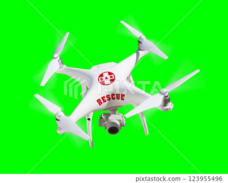 SAR, Search and Rescue UAV Unmanned Aircraft System Quadcopter Drone Flying Over A Green Screen.. 123955496