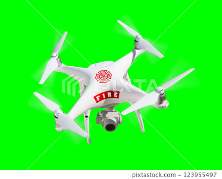 Fire Department UAV Unmanned Aircraft System Quadcopter Drone Flying Over A Green Screen.. 123955497