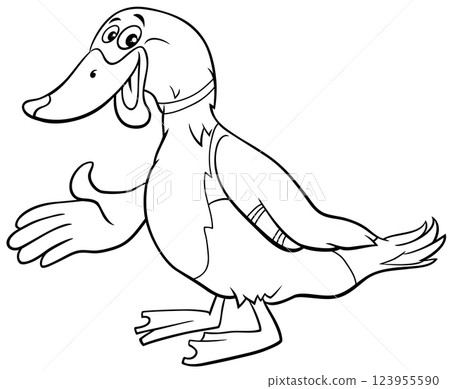 cartoon wild duck bird animal character waving its wing coloring page 123955590