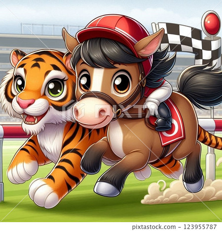 Race horse running with a tiger 123955787