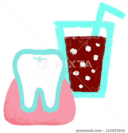 簡單的插圖，蠟筆觸感，冷飲和潔白的牙齒 123955843