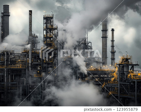 An industrial refinery with numerous smokestacks emitting thick black and gray smoke, indicating heavy pollution. The scene highlights environmental concerns related to industrial emissions. An industrial refinery with numerous smokestacks emitting thick black and gray smoke, indicating heavy pollution. The scene highlights environmental concerns related to industrial emissions. 123955879