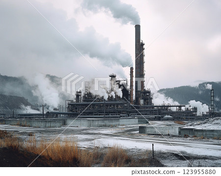 An industrial refinery with numerous smokestacks emitting thick black and gray smoke, indicating heavy pollution. The scene highlights environmental concerns related to industrial emissions. 123955880