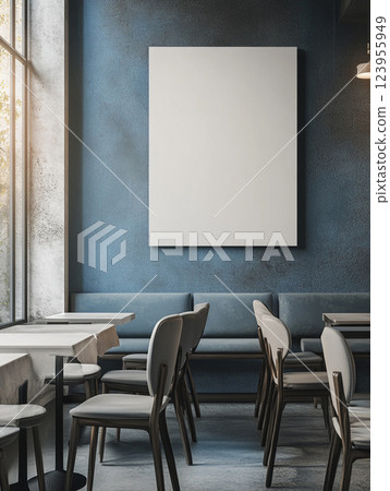 Wall art mockup in a modern cafe with a blank canvas on the wall. The cafe has blue and grey hues.  123955949