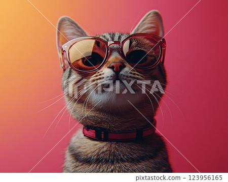 A cat wearing sunglasses and a collar sits against a solid background. A cat wearing sunglasses and a collar sits against a solid background. 123956165