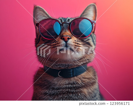 A cat wearing sunglasses and a collar sits against a solid background.  123956171