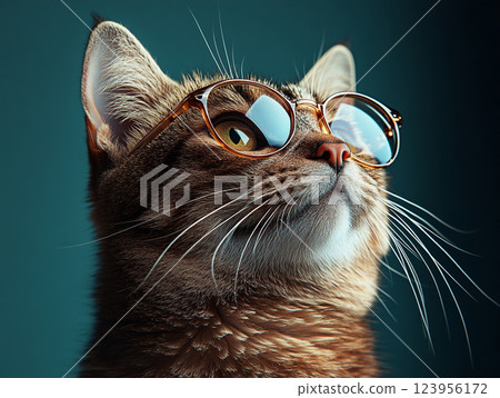 A cat wearing sunglasses and a collar sits against a solid background.  123956172