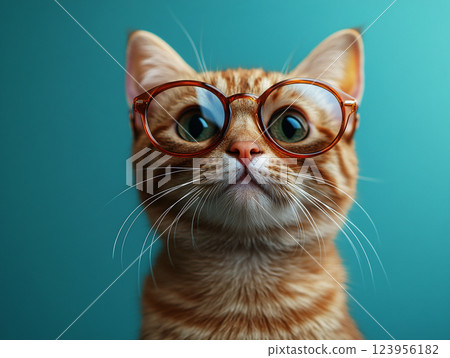 A cat wearing sunglasses and a collar sits against a solid background. A cat wearing sunglasses and a collar sits against a solid background. 123956182