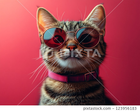 A cat wearing sunglasses and a collar sits against a solid background.  123956183